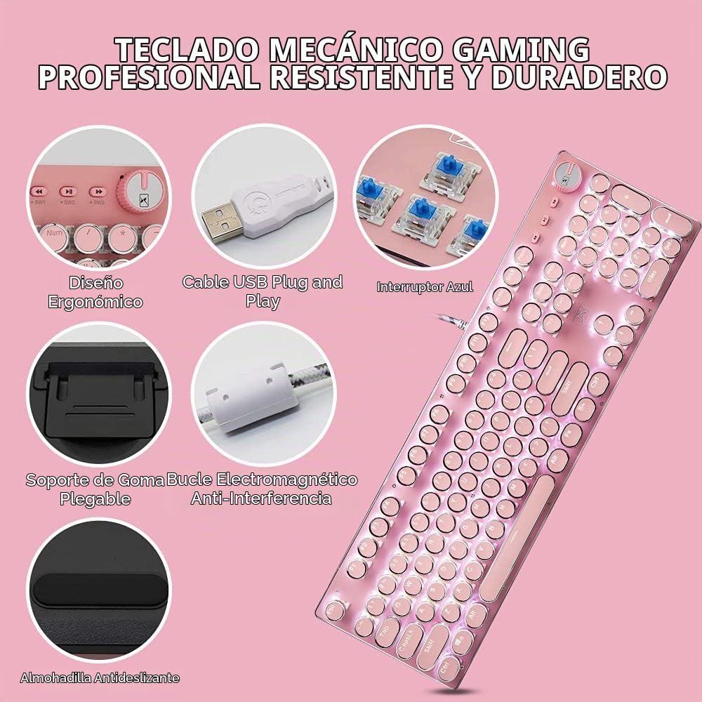 Teclado y mouse de máquina de escribir rosa, teclado mecánico retro...