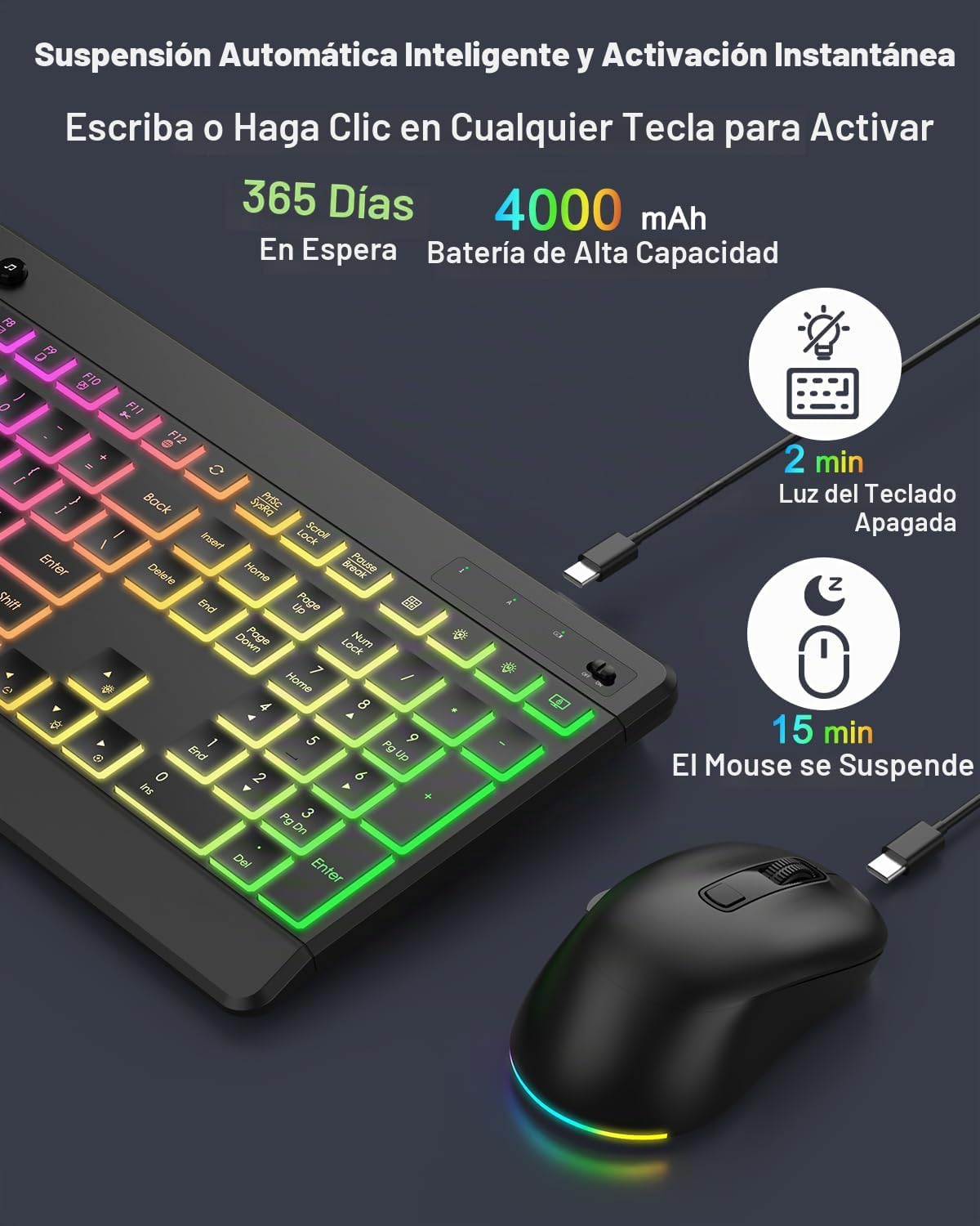 EDJO Combo de teclado y mouse inalámbricos, 10 efectos retroilumina...