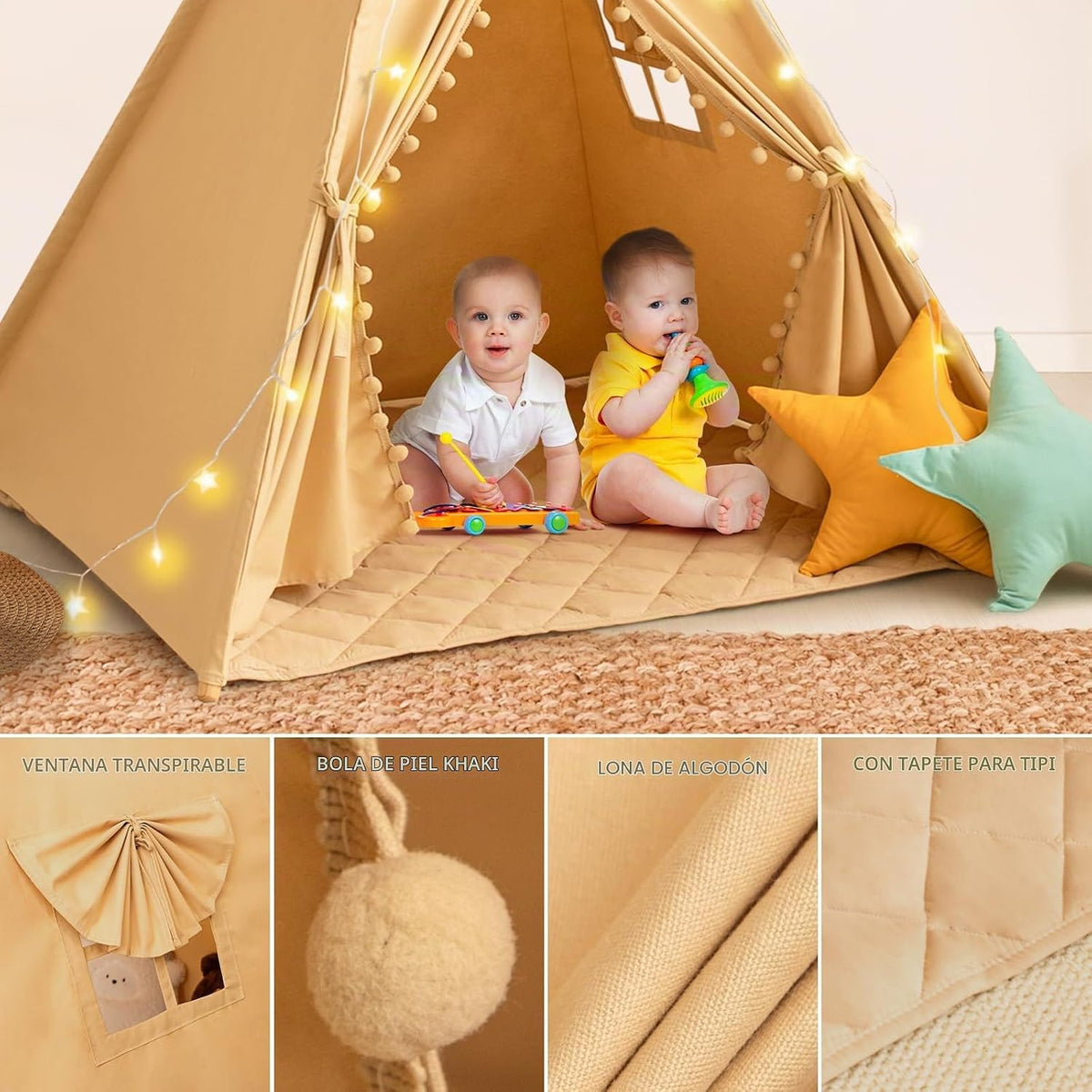 WIRHAO Tienda de campaña tipi para niños con alfombra, lona de algo...