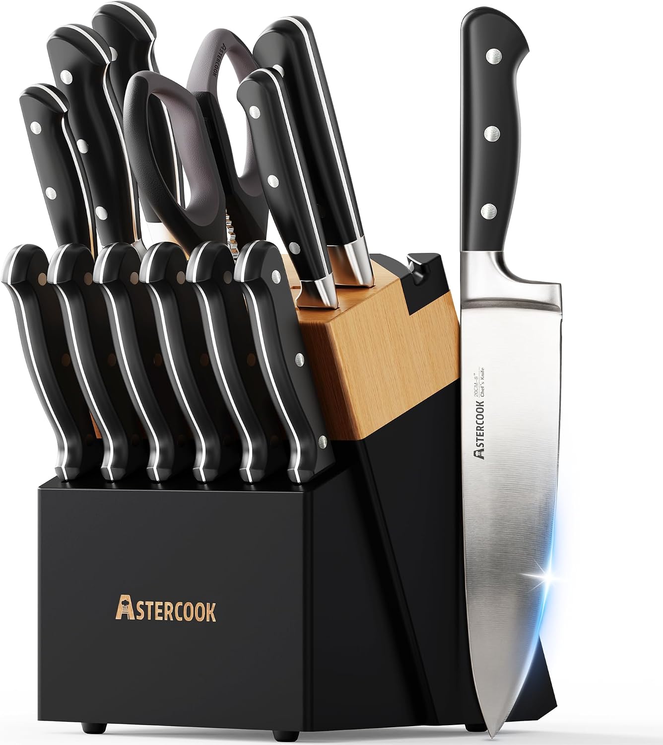 Astercook Juego de cuchillos de cocina de espiga completa con bloqu...