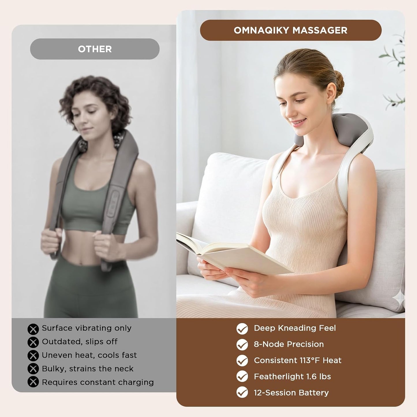 Omnaqiky Masajeador de cuello Shiatsu inalámbrico con correas de ca...