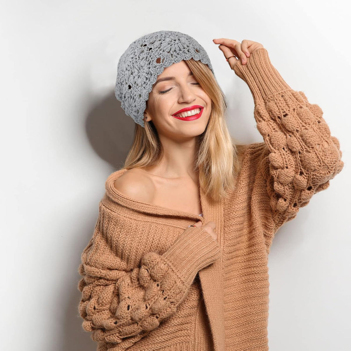 4 Piezas Gorros de Ganchillo Holgados 2025 Otoño Hechos a Mano Teji...