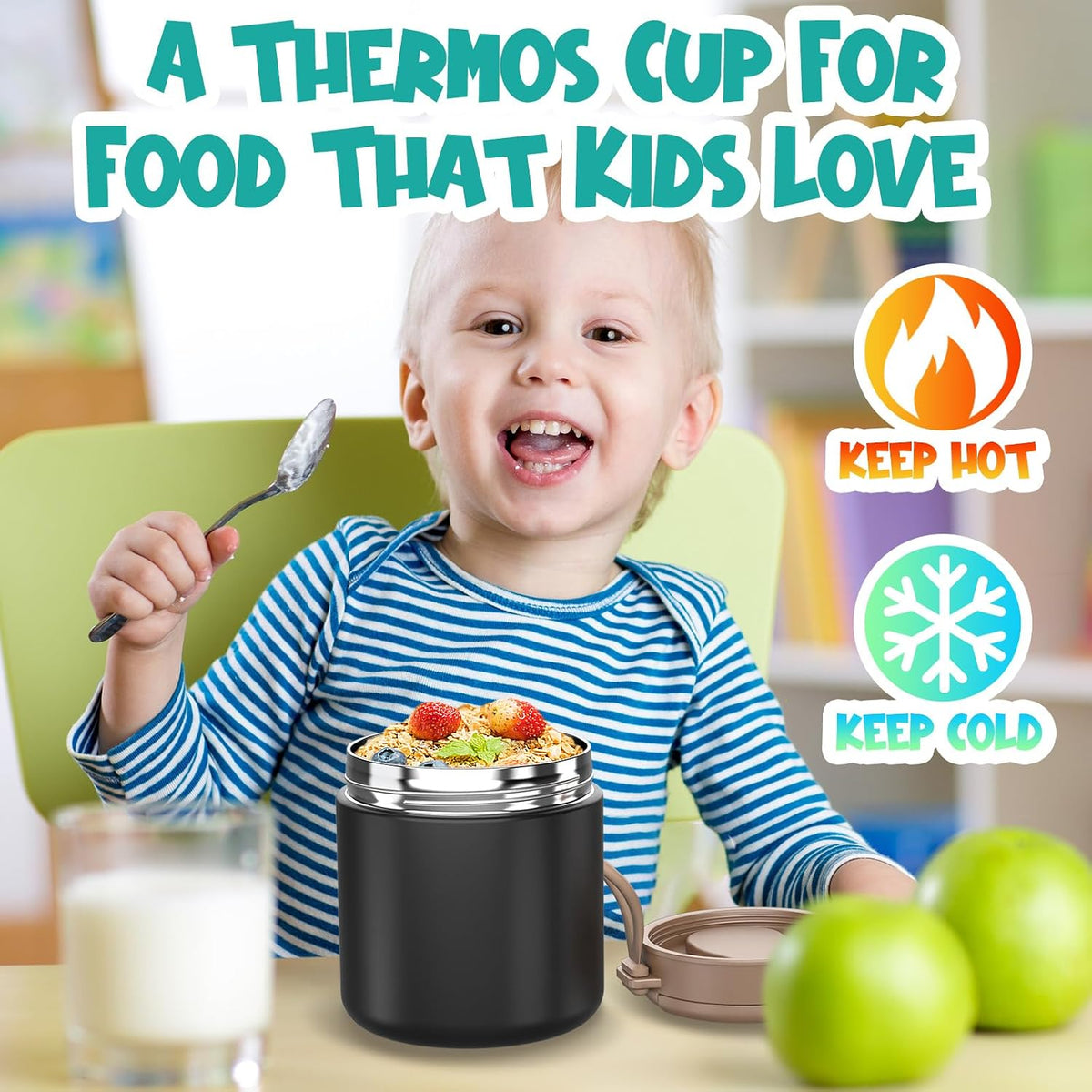 Termo para niños de comida caliente - 15.2oz con cuchara plegable y...