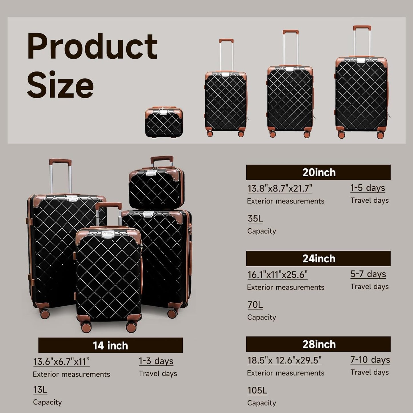 Voytra Juego de equipaje ABS Hardside maleta ligera con 8 ruedas gi...