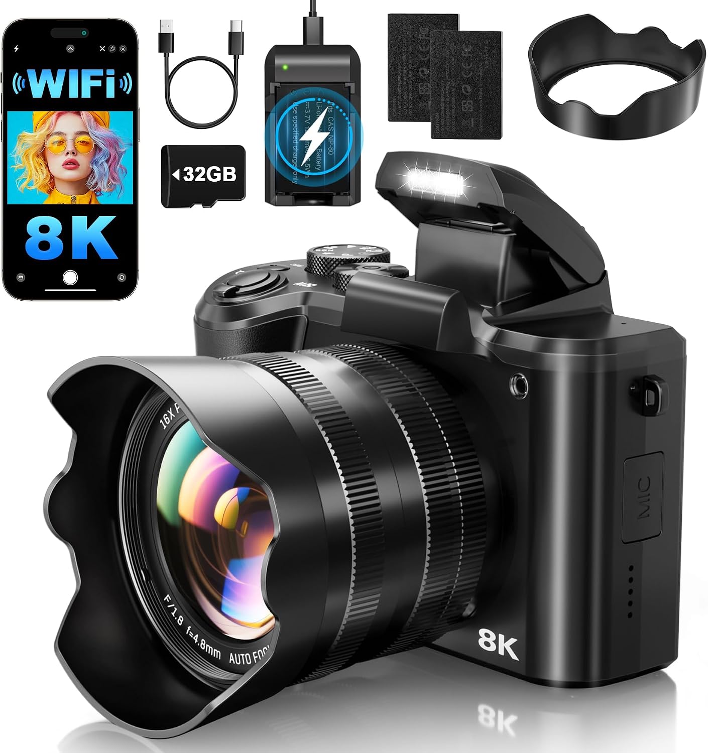 Cámara digital 8K, cámaras con enfoque automático de 88MP para foto...
