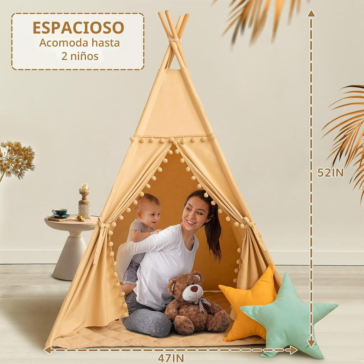 WIRHAO Tienda de campaña tipi para niños con alfombra, lona de algo...