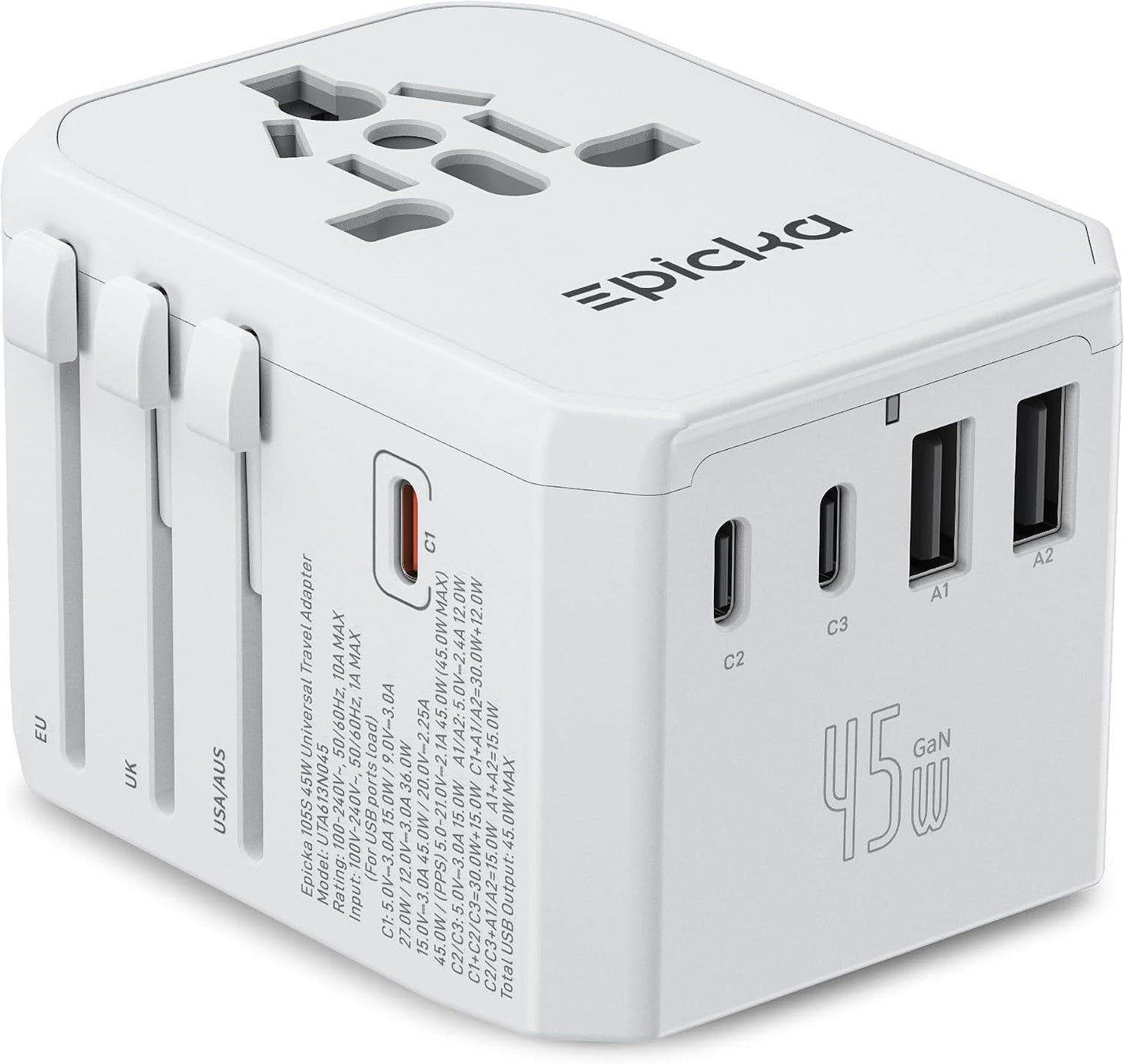 EPICKA 45W Adaptador de viaje universal PD&amp;QC, 1AC\/3USB-C\/2US...