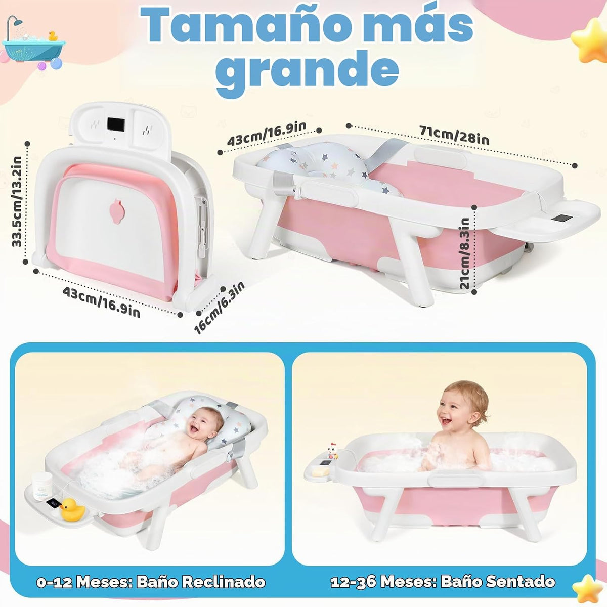 Orzbow - Bañera plegable para bebé con cojín y termómetro, tamaño g...