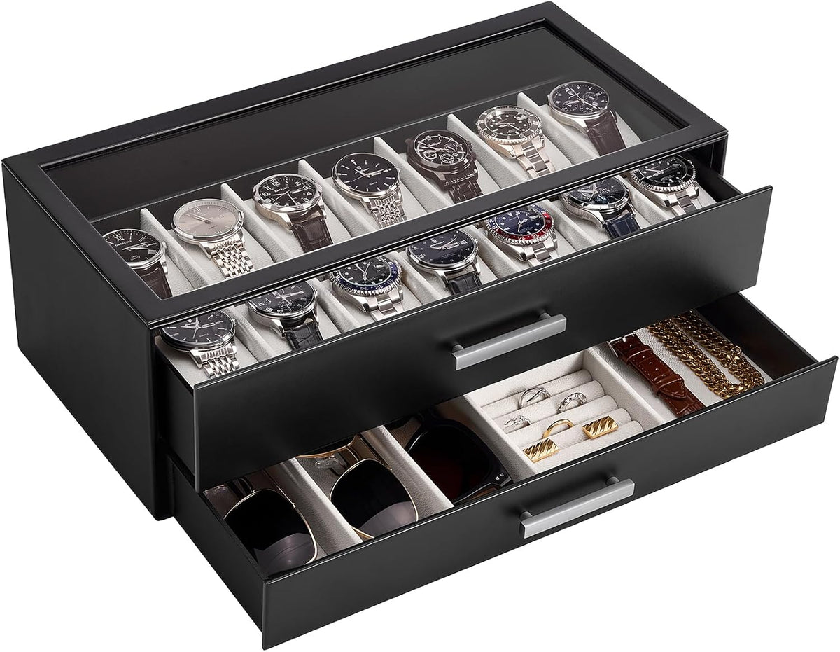ProCase Caja de reloj de 14 ranuras, vitrina de 2 niveles con cajon...