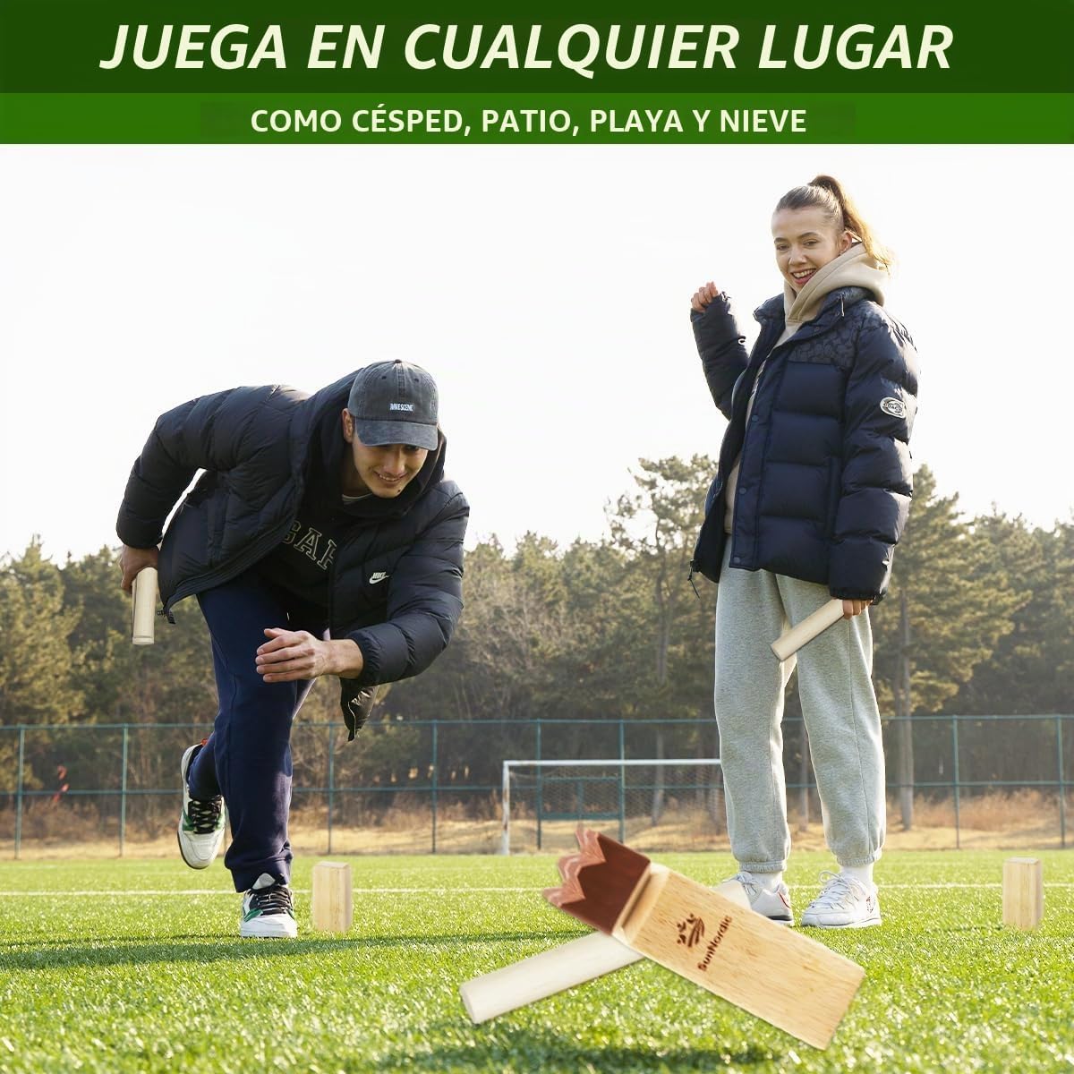 SunNordic Juego de jardín Kubb de madera de caucho con bolsa de tra...