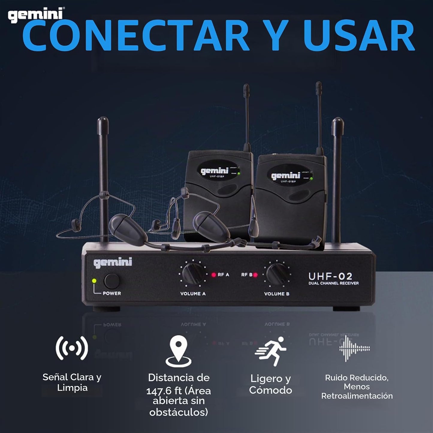 Gemini Auriculares UHF de doble canal y sistema de micrófono de sol...