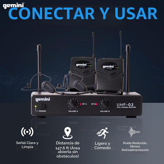 Gemini Auriculares UHF de doble canal y sistema de micrófono de sol...