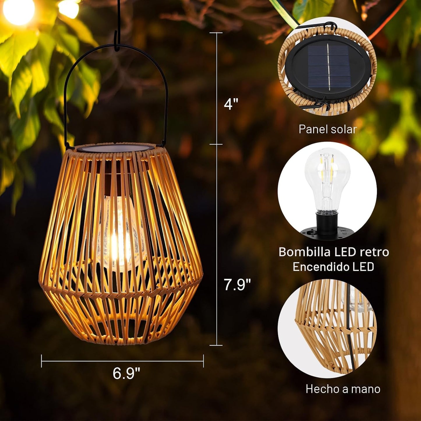 Farol solar, paquete de 2 faroles solares de mimbre para exteriores...