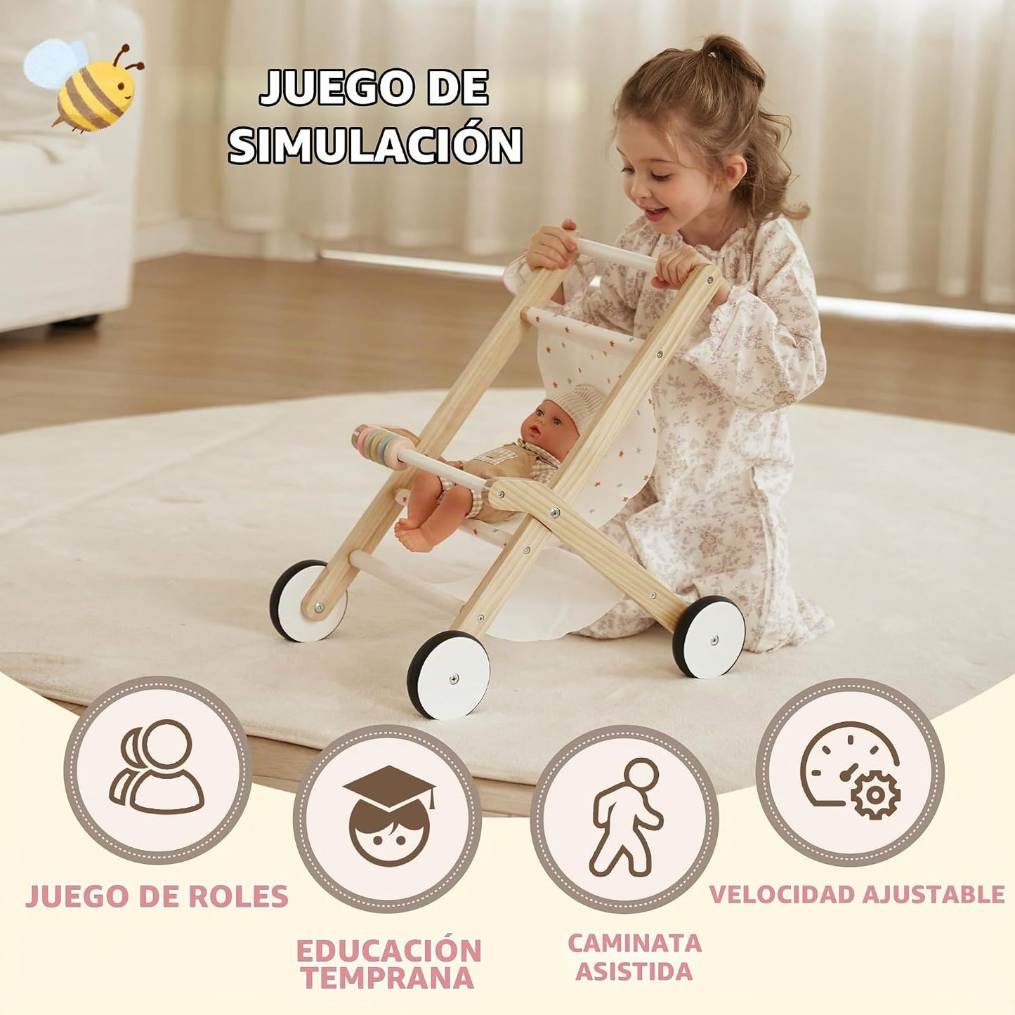 Freniland Cochecito de madera para muñeca de bebé, juguete para cam...