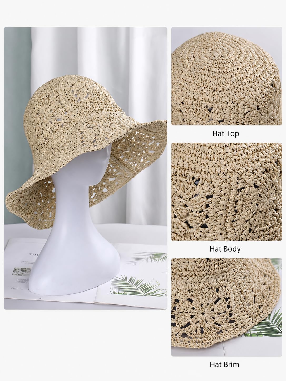Sombrero de paja para mujer, sombrero de ganchillo tejido floral, a...