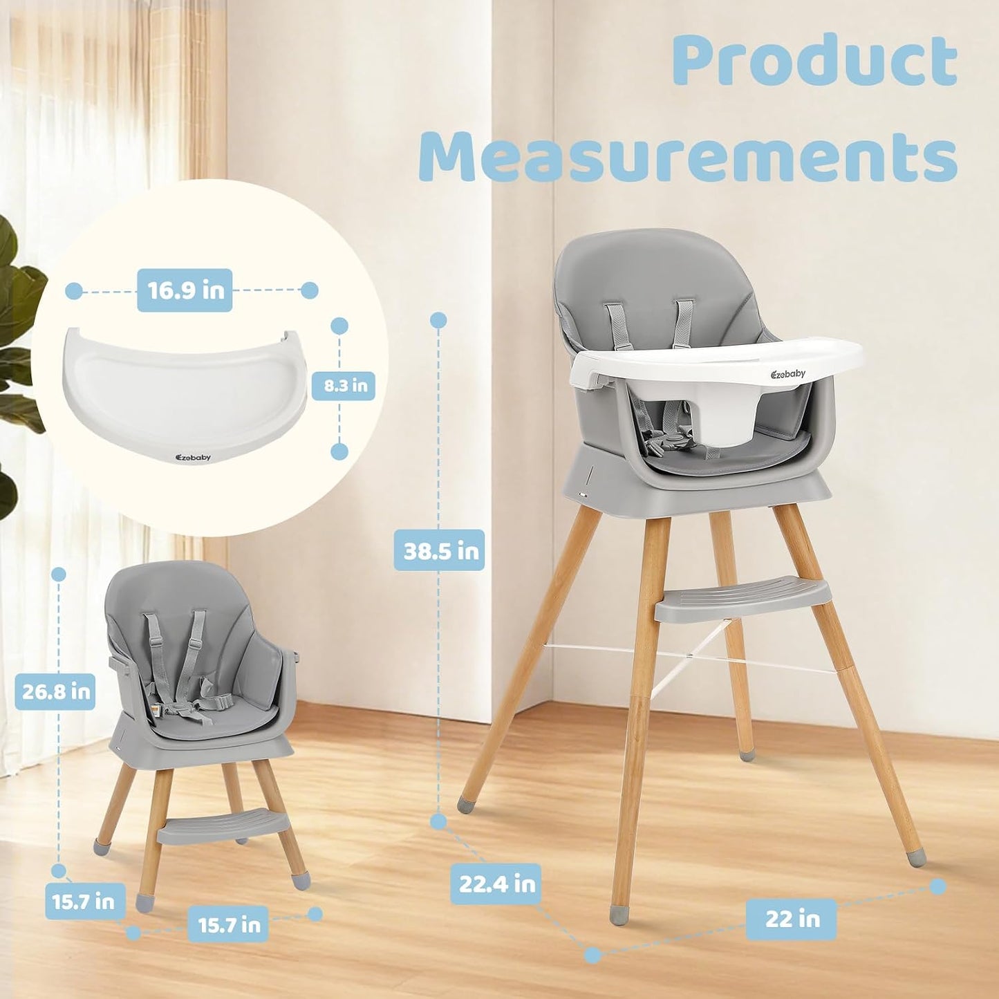 Ezebaby Sillas altas de madera 6 en 1 para bebés y niños pequeños,...