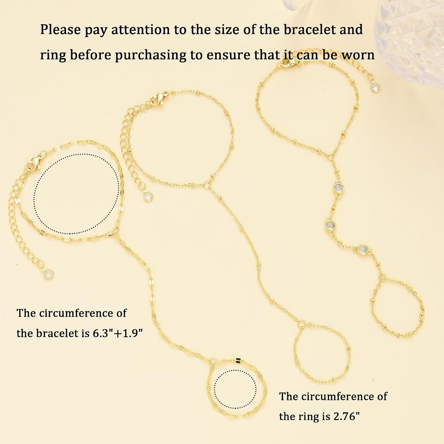 3 piezas de pulseras de cadena de mano chapadas en oro de 14 quilat...