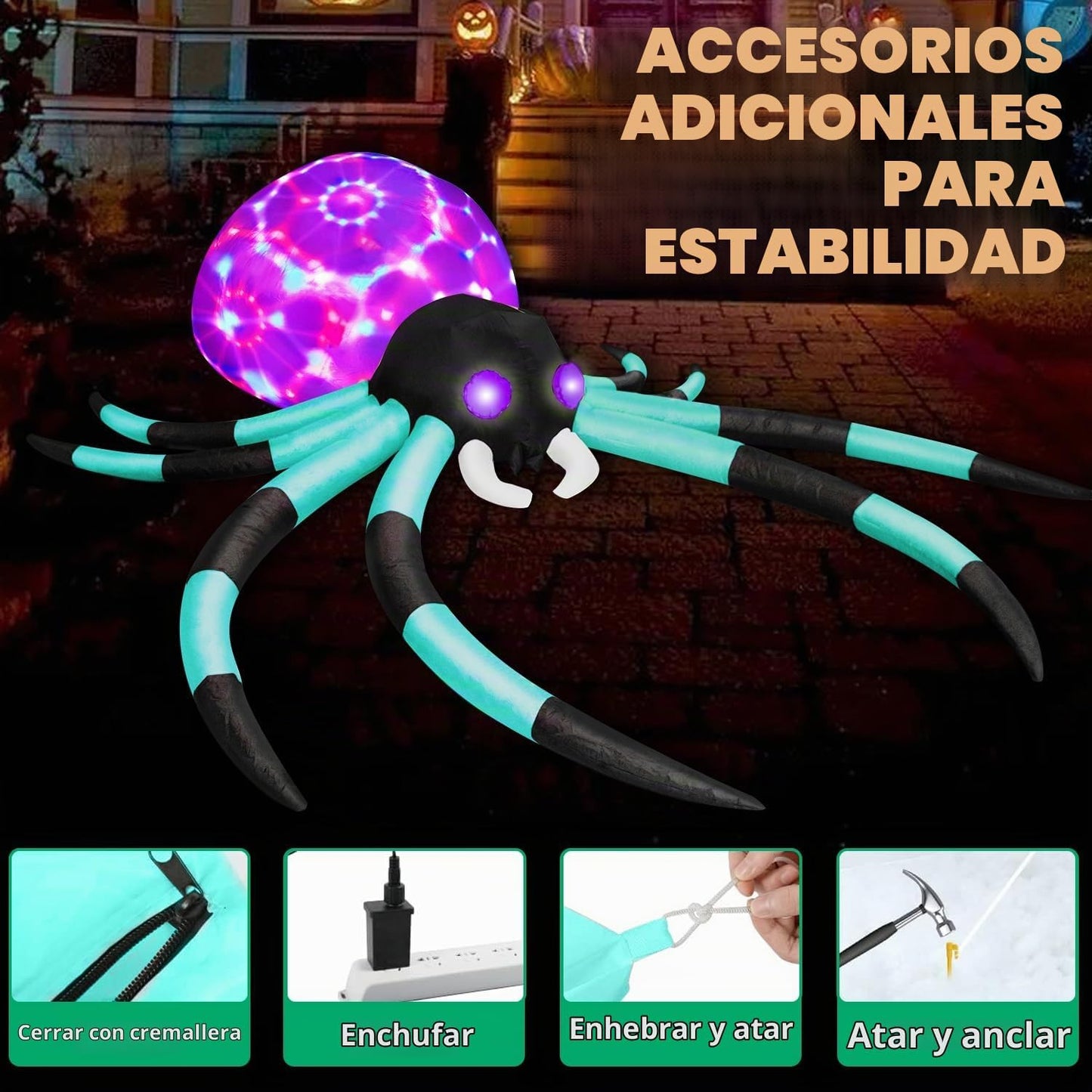 Araña gigante inflable de Halloween de 12 pies con 7 ojos que cambi...