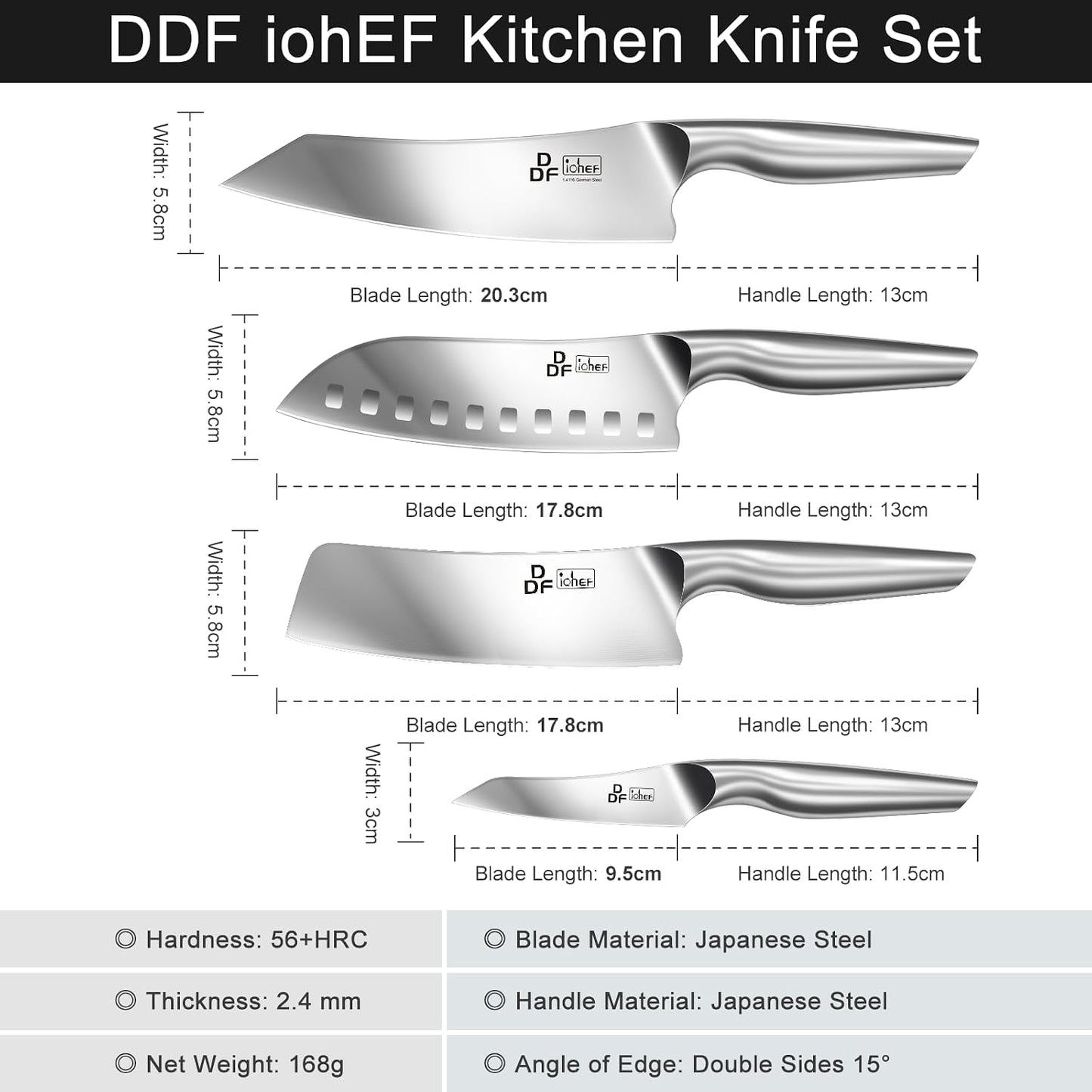 DDF iohEF - Juego de cuchillos de cocina, 4 piezas de cuchillos pro...