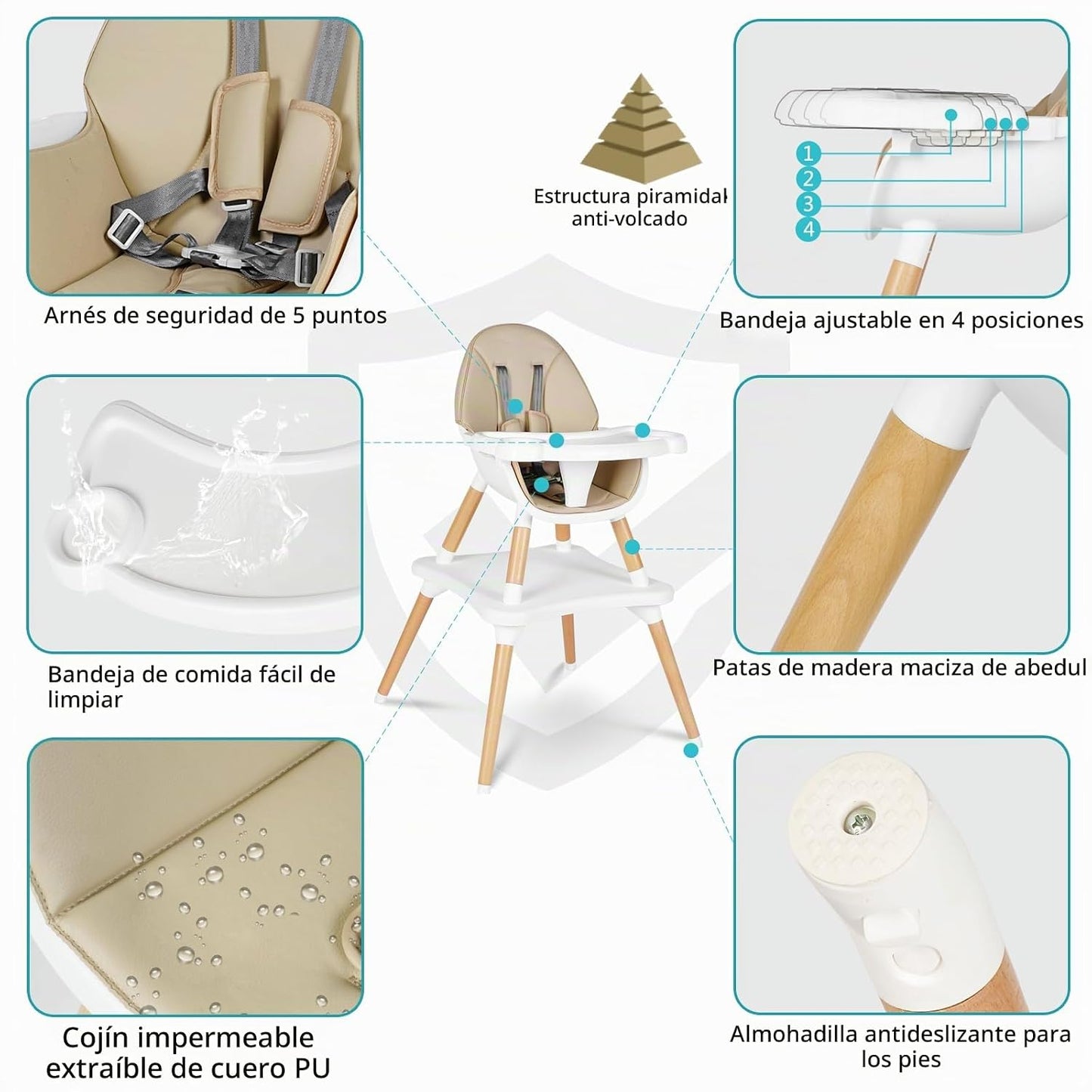 Silla alta 6 en 1 para bebés y niños pequeños, silla alta de madera...
