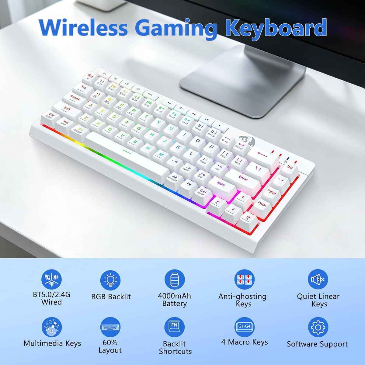 Redragon Combo de teclado y mouse inalámbricos para juegos, Bluetoo...