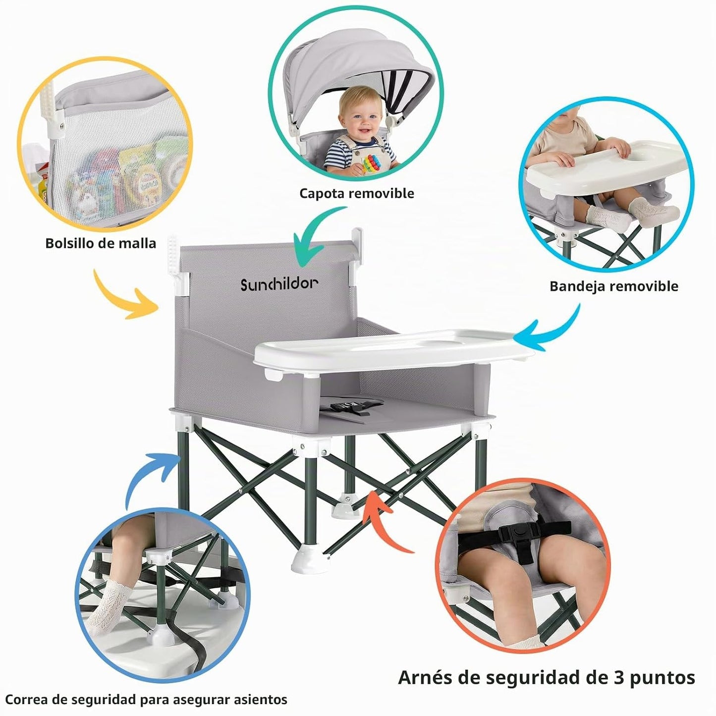 Sunchildor Asiento elevador portátil para bebé con bandeja extraíbl...