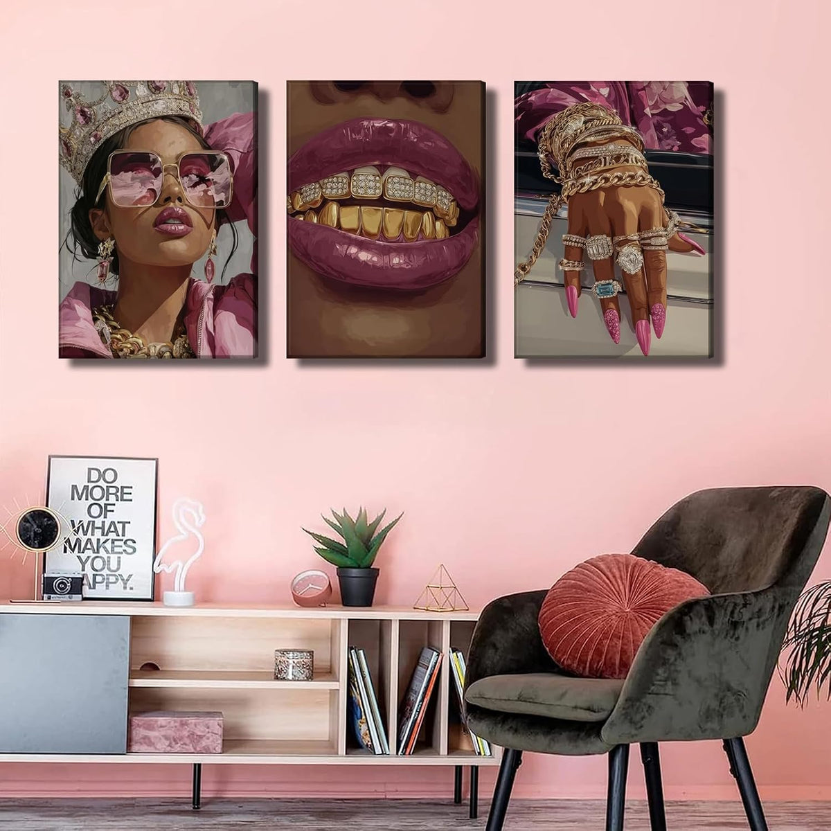 3 piezas de arte de pared en lona rosado con niña negra de lujo, de...