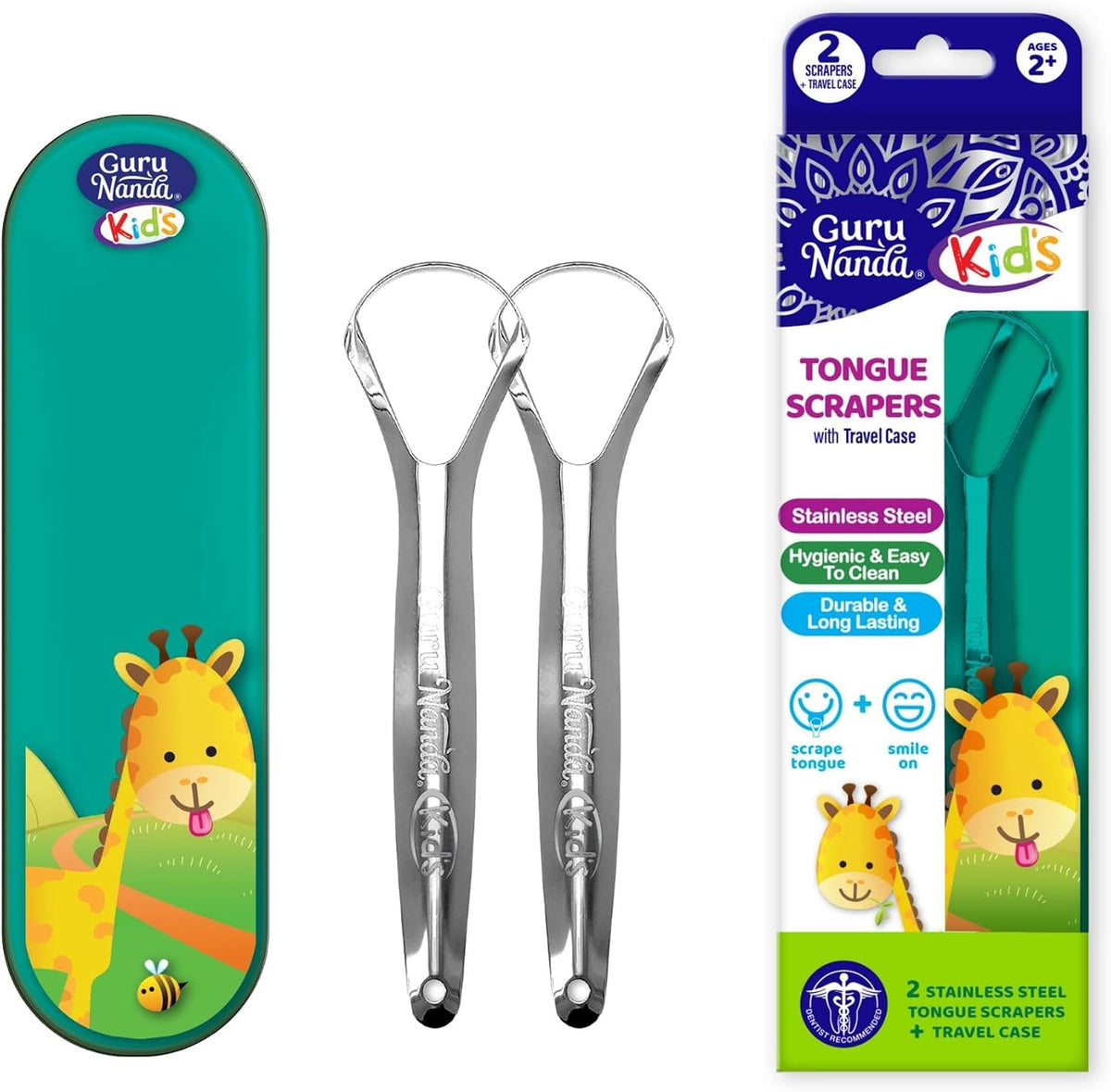 GuruNanda Raspador de lengua para niños (paquete de 2) con estuche...