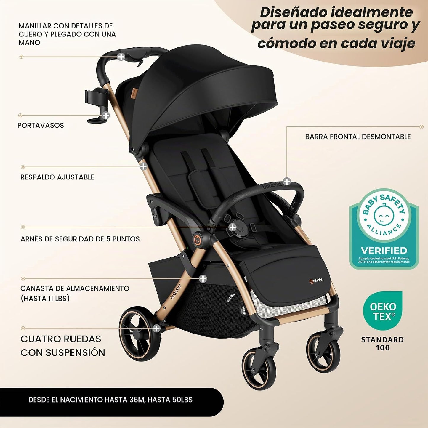 Babideal Cochecito de viaje ligero, auto plegable con almacenamient...