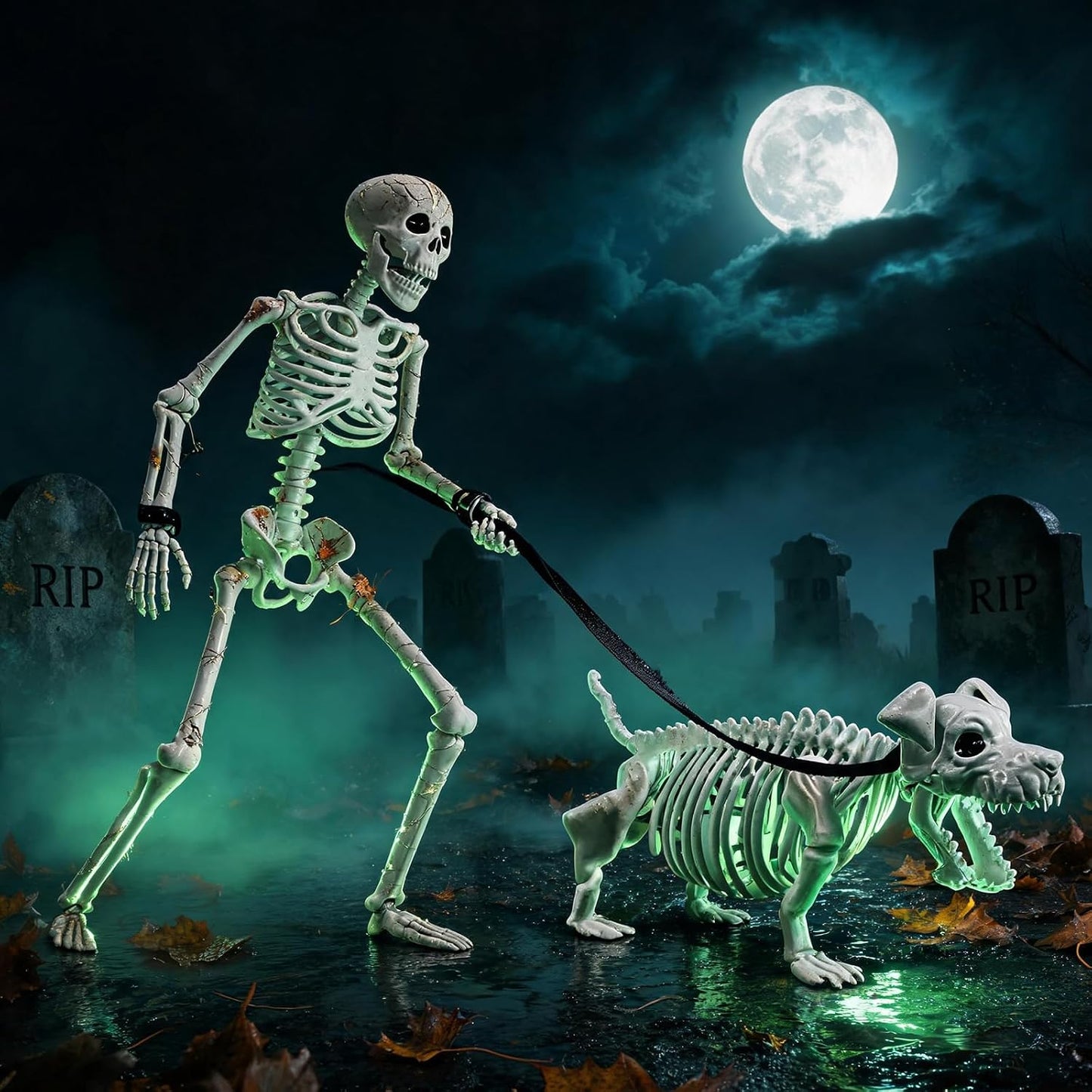 Decoraciones de Halloween de esqueleto humano y perro para exterior...
