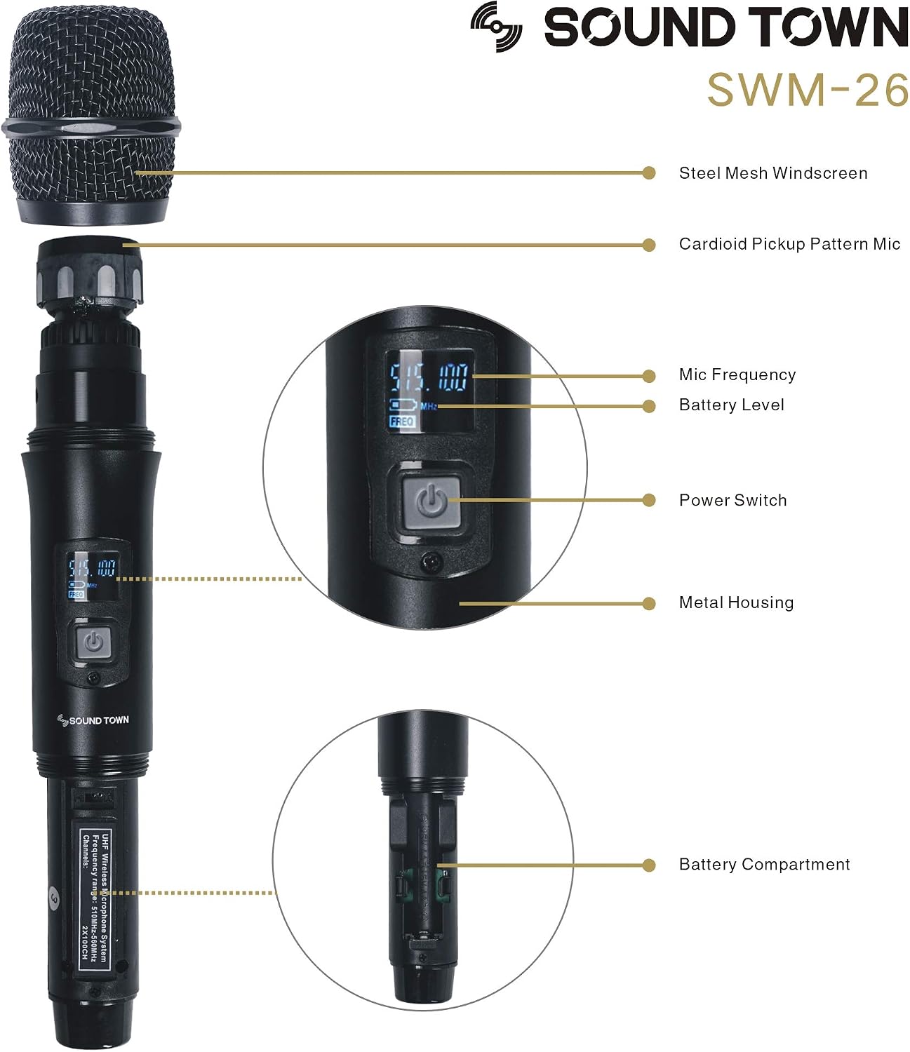 Sistema Sound Town de micrófono inalámbrico UHF de metal de 200 can...