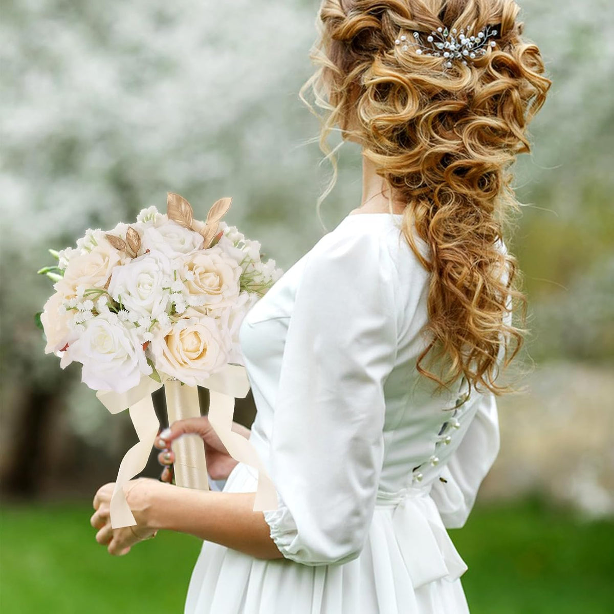 Ramos de boda Qeedy para novia - Flores de seda realistas, rosas ar...