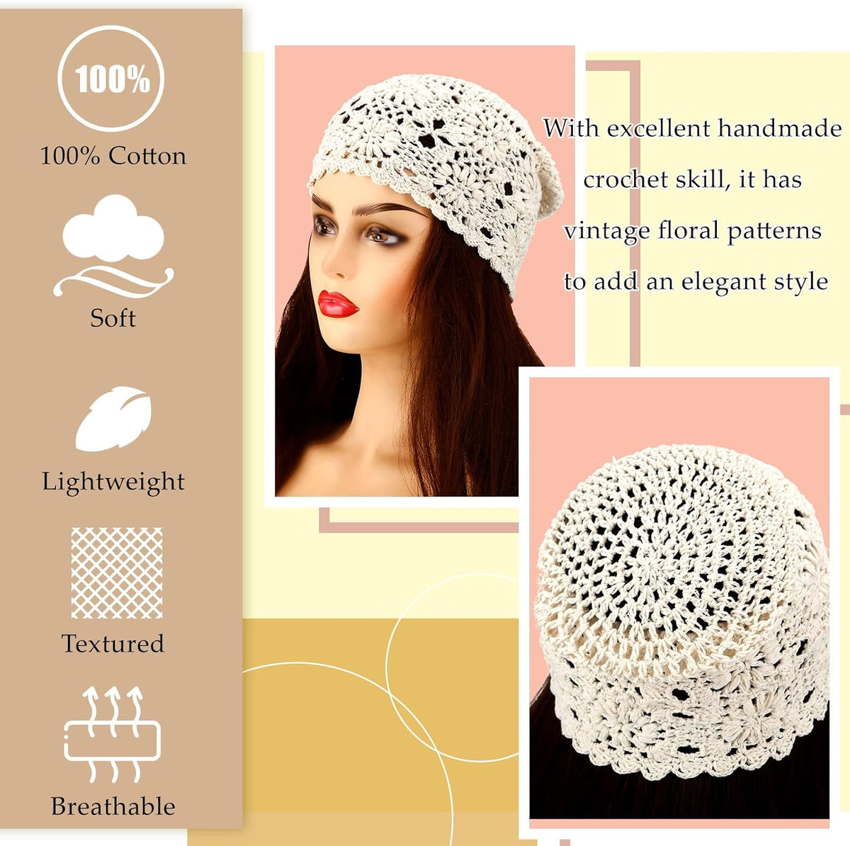 2 piezas de gorro holgado de ganchillo floral hecho a mano con cort...