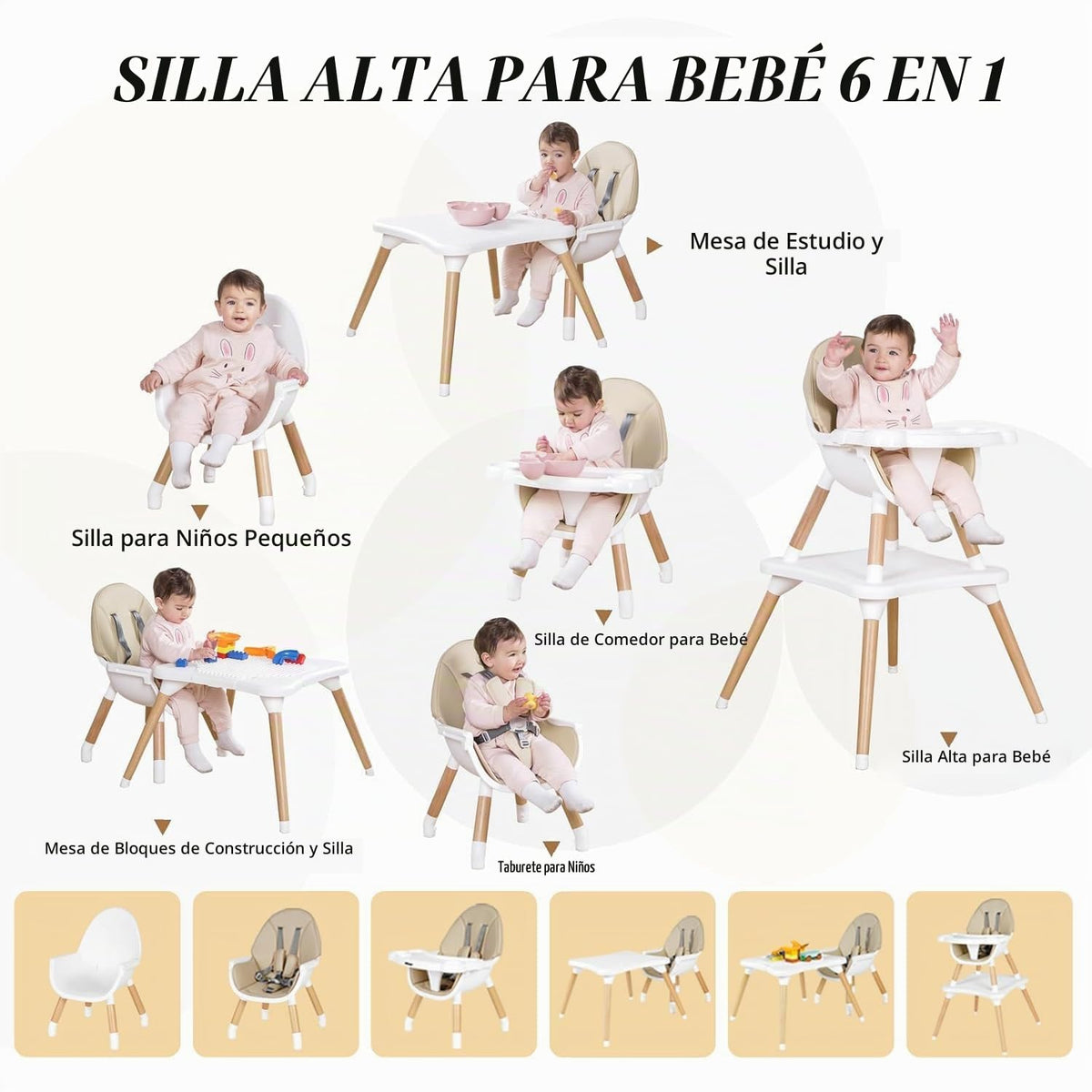 Silla alta 6 en 1 para bebés y niños pequeños, silla alta de madera...