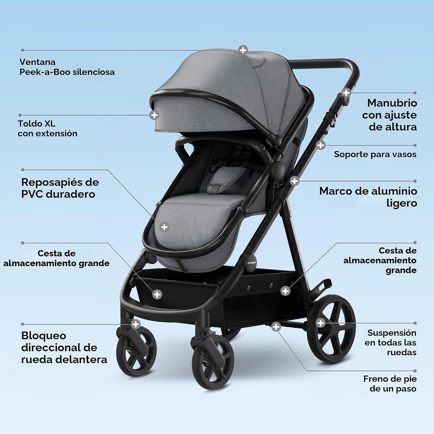 Mompush Meteor2 - Cochecito de bebé 2 en 1 con modo recién nacido,...