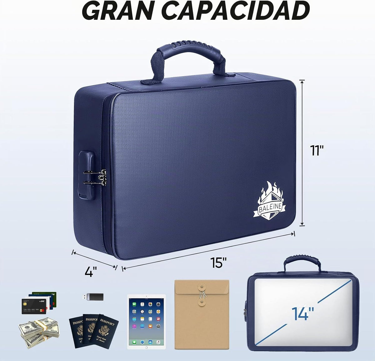BALEINE Caja de documentos ignífuga con cerradura, bolsa portátil i...