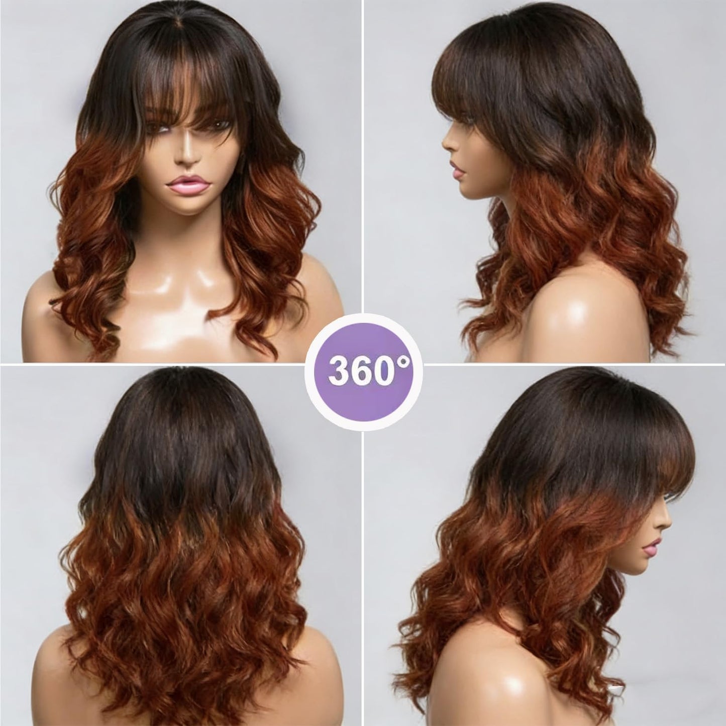JINXIMEIHE Pelucas de cabello humano ondulado con flequillo de 13 x...
