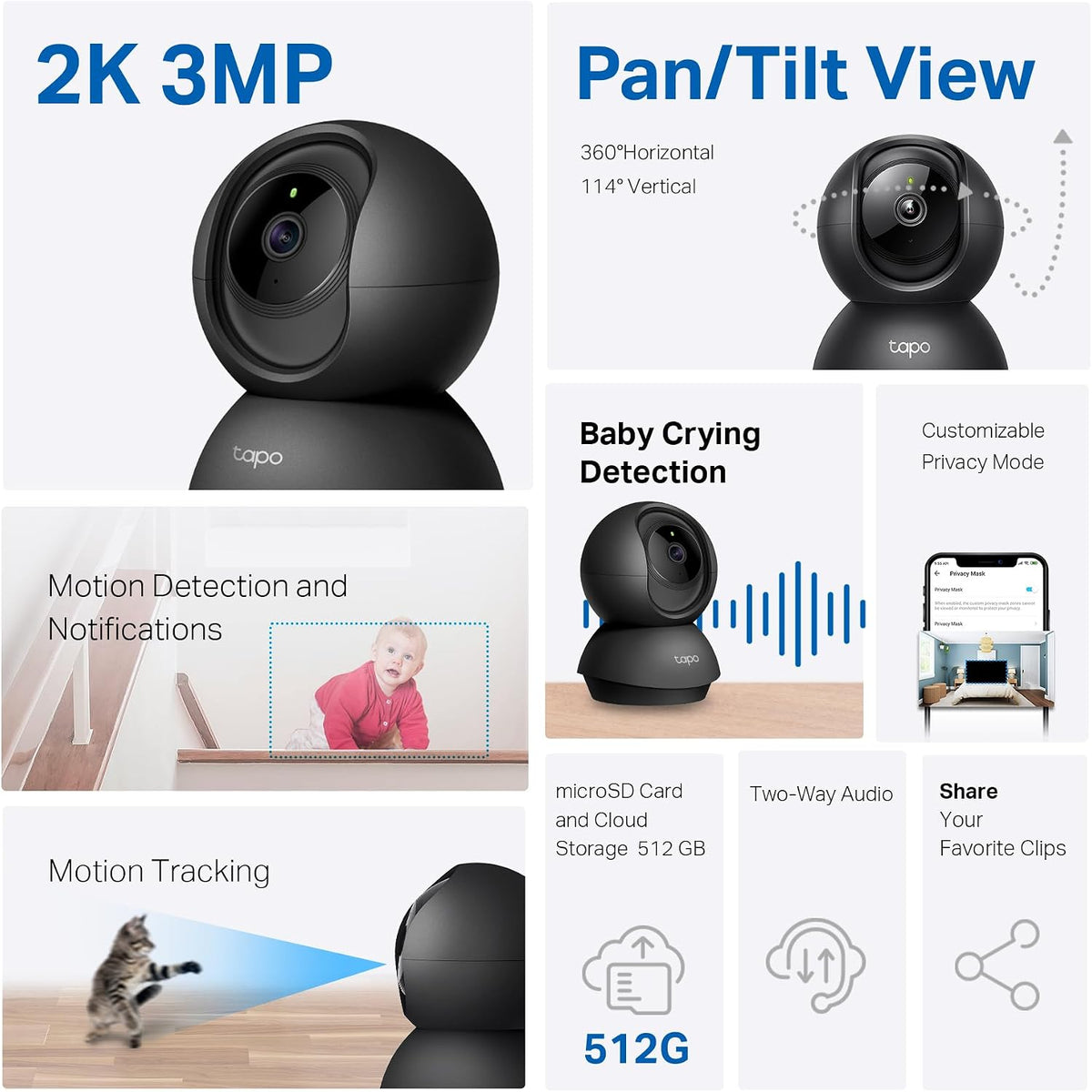 Tapo Cámara de seguridad interior 2K Pan\/Tilt para monitor de bebé...