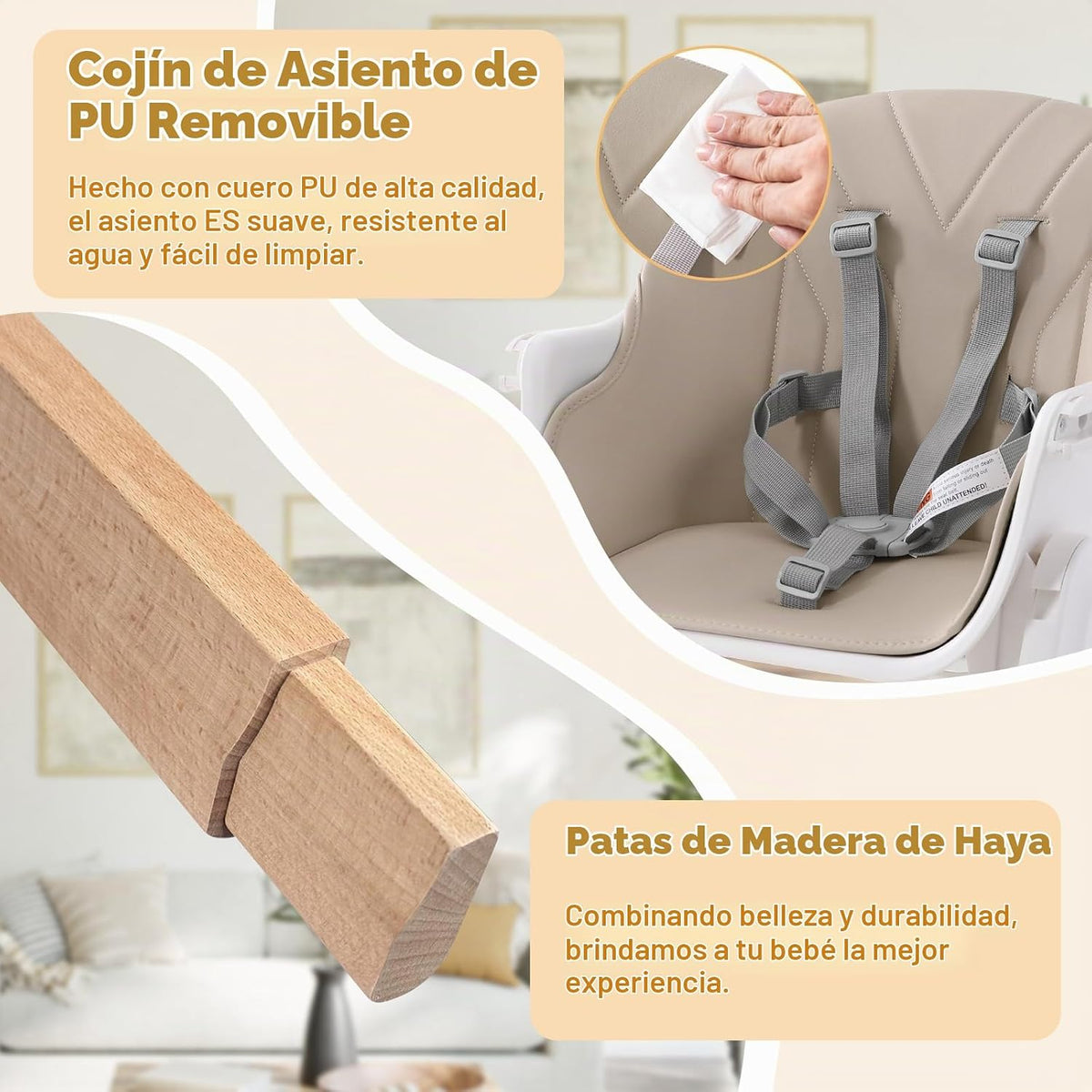 Silla alta para bebé, silla alta convertible de madera 4 en 1 para...