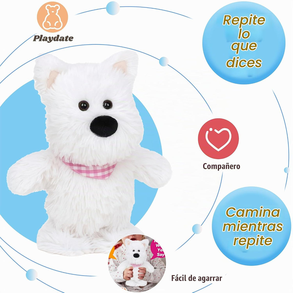 Hopearl - Perro parlante y cantante Westie con babero rosa, repite...