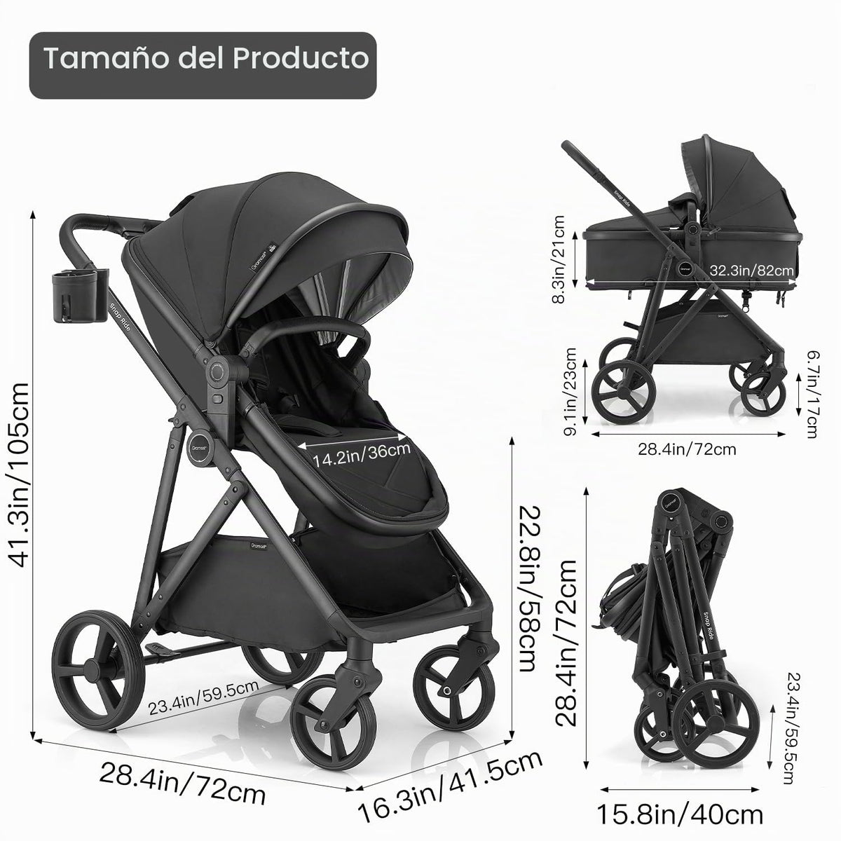 Gromast Cochecito de bebé 3 en 1, cochecito convertible para recién...