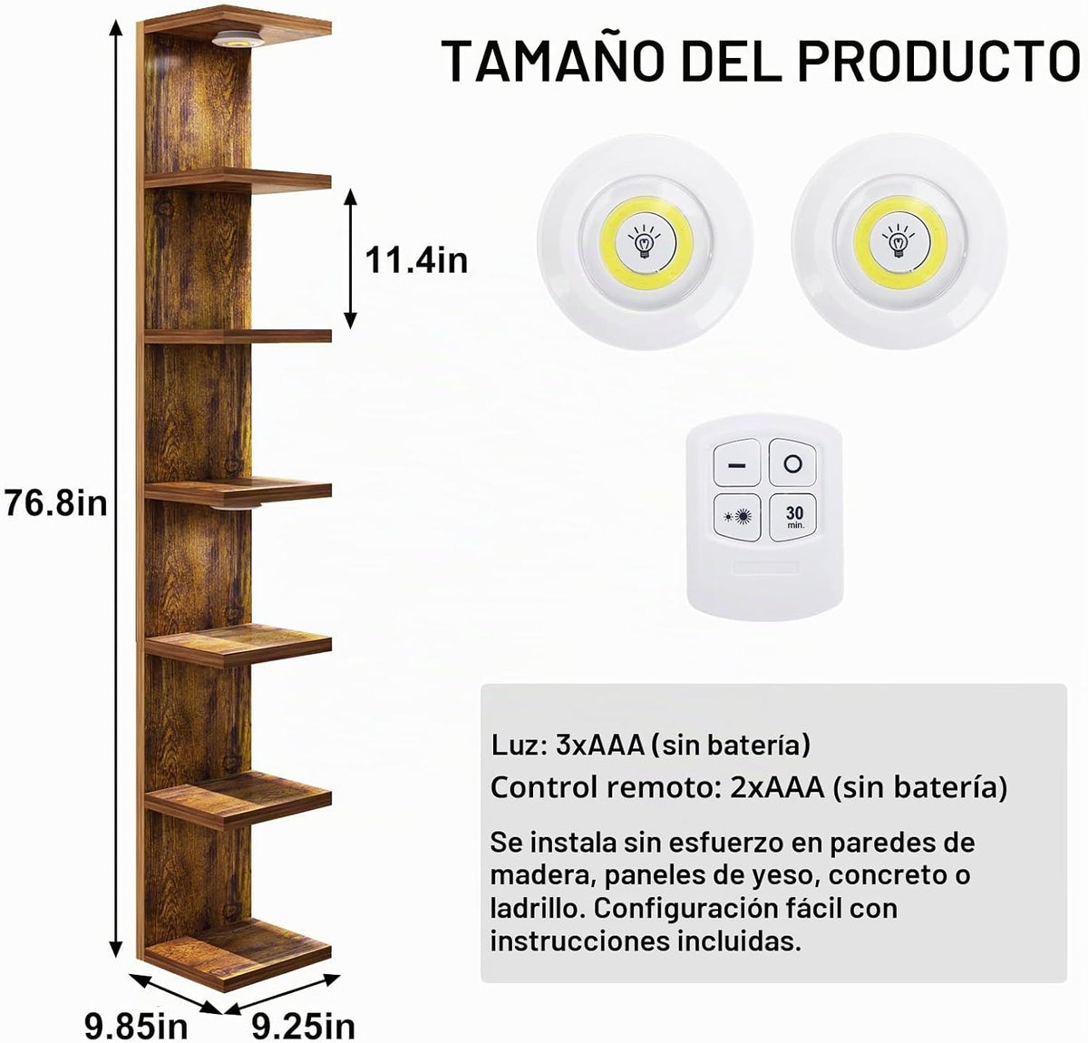 Fixwal Estantería de pared de 7 niveles con luces LED, estante de p...