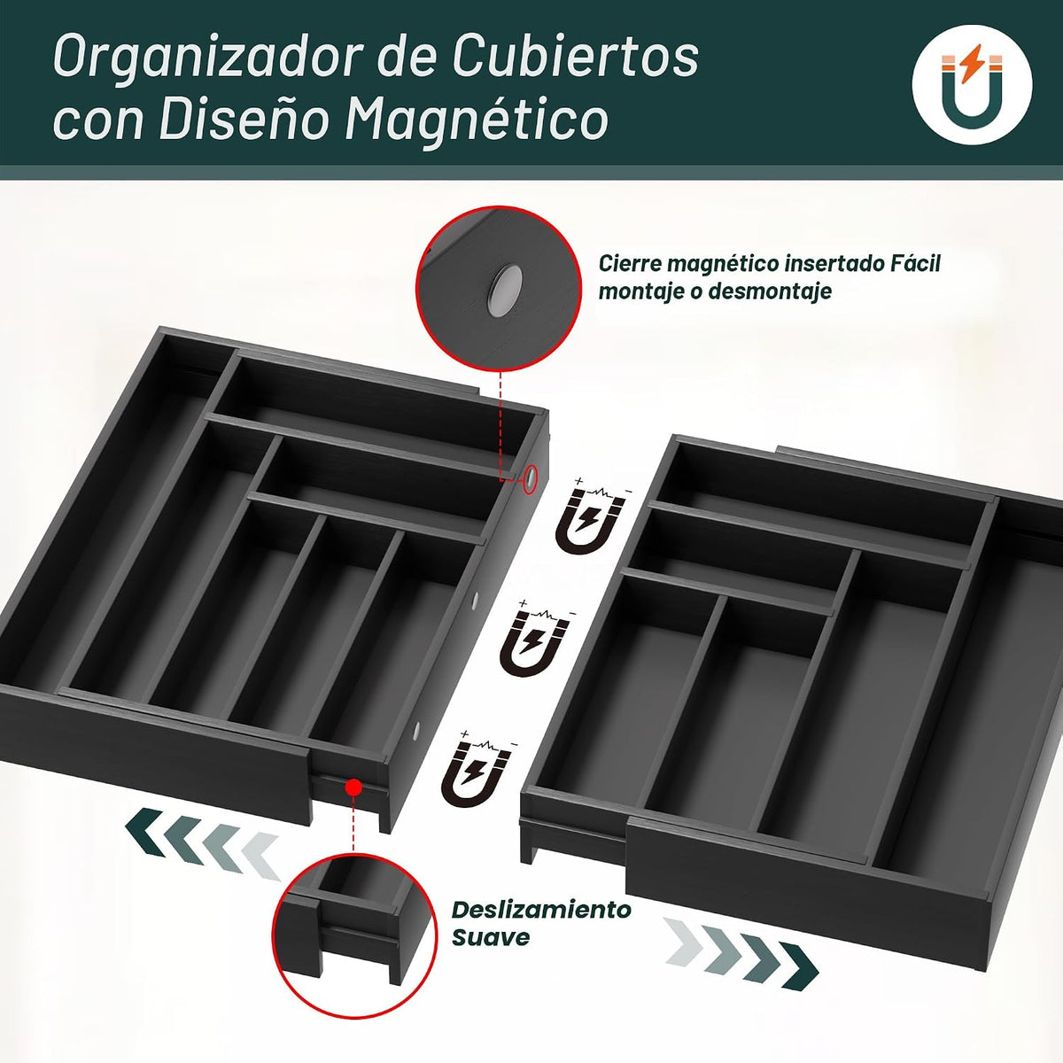 Organizador de cubiertos grande, magnético, expandible, con 13 ranu...