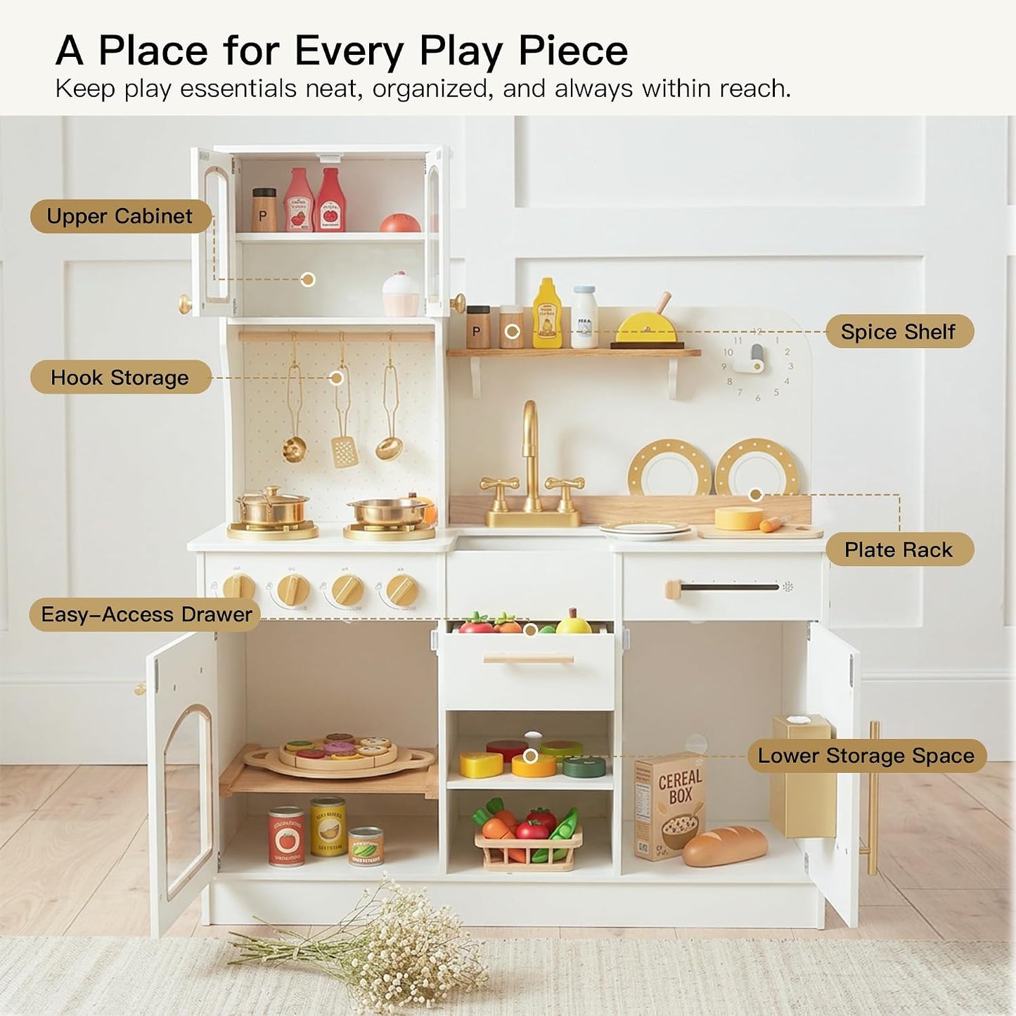 Cocina de juego de madera para niños con almacenamiento adicional y...