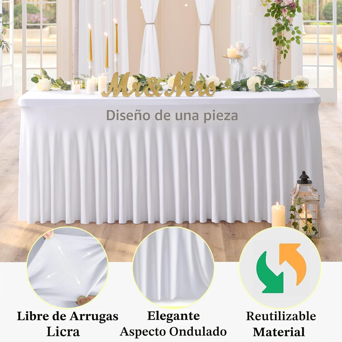 Paquete de 2 manteles de elastano blanco para mesas rectangulares d...