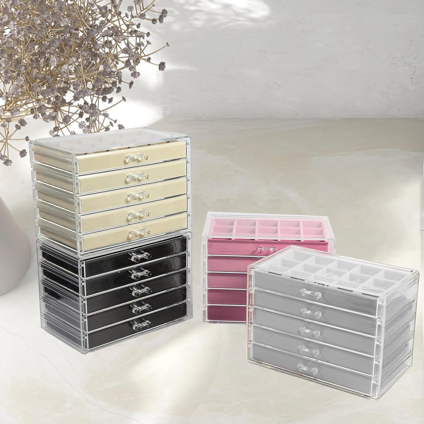 Joyero transparente con 5 cajones para mujeres y niñas, soporte de...