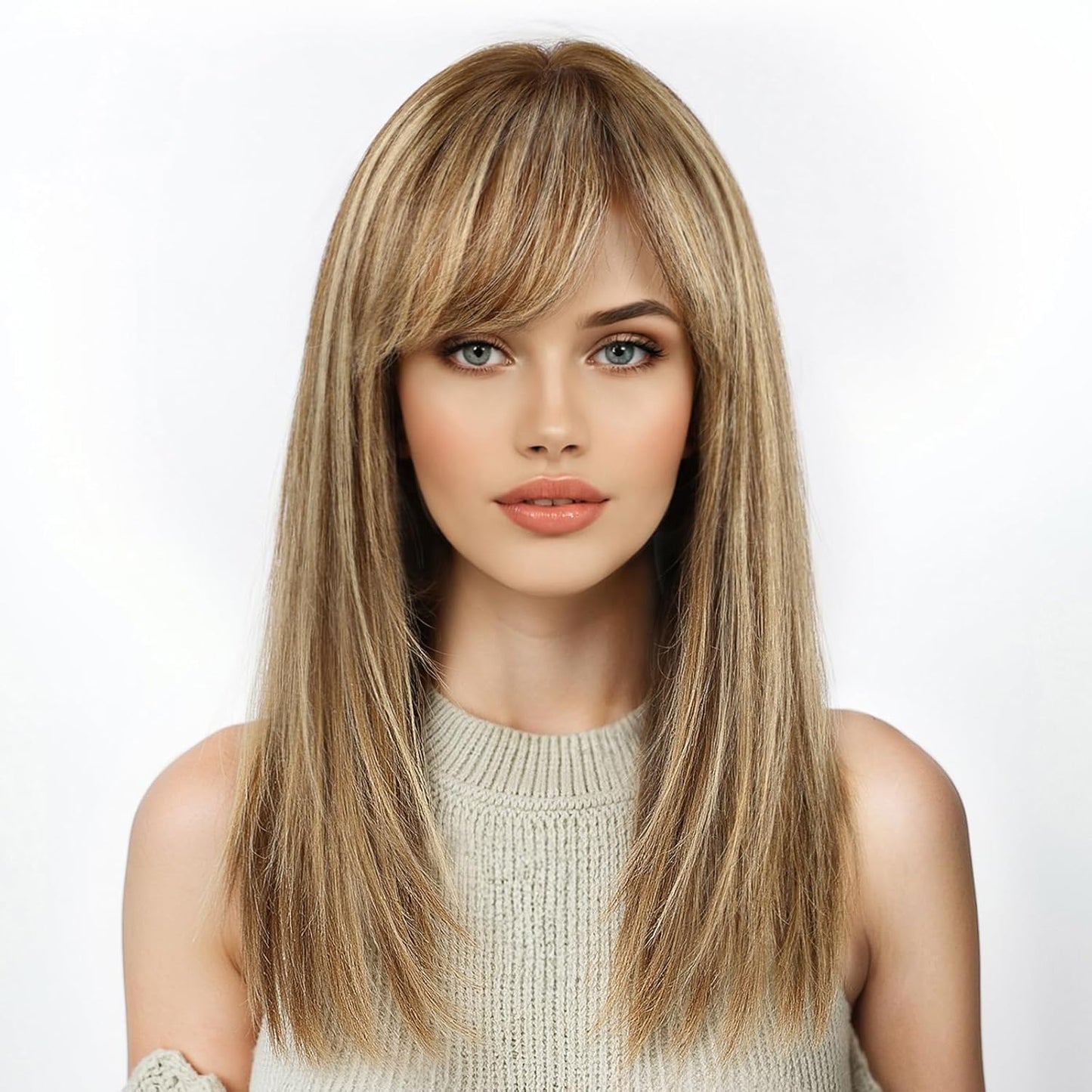 KKU Pelucas de cabello humano rubio mezclado con castaño de 16 pulg...