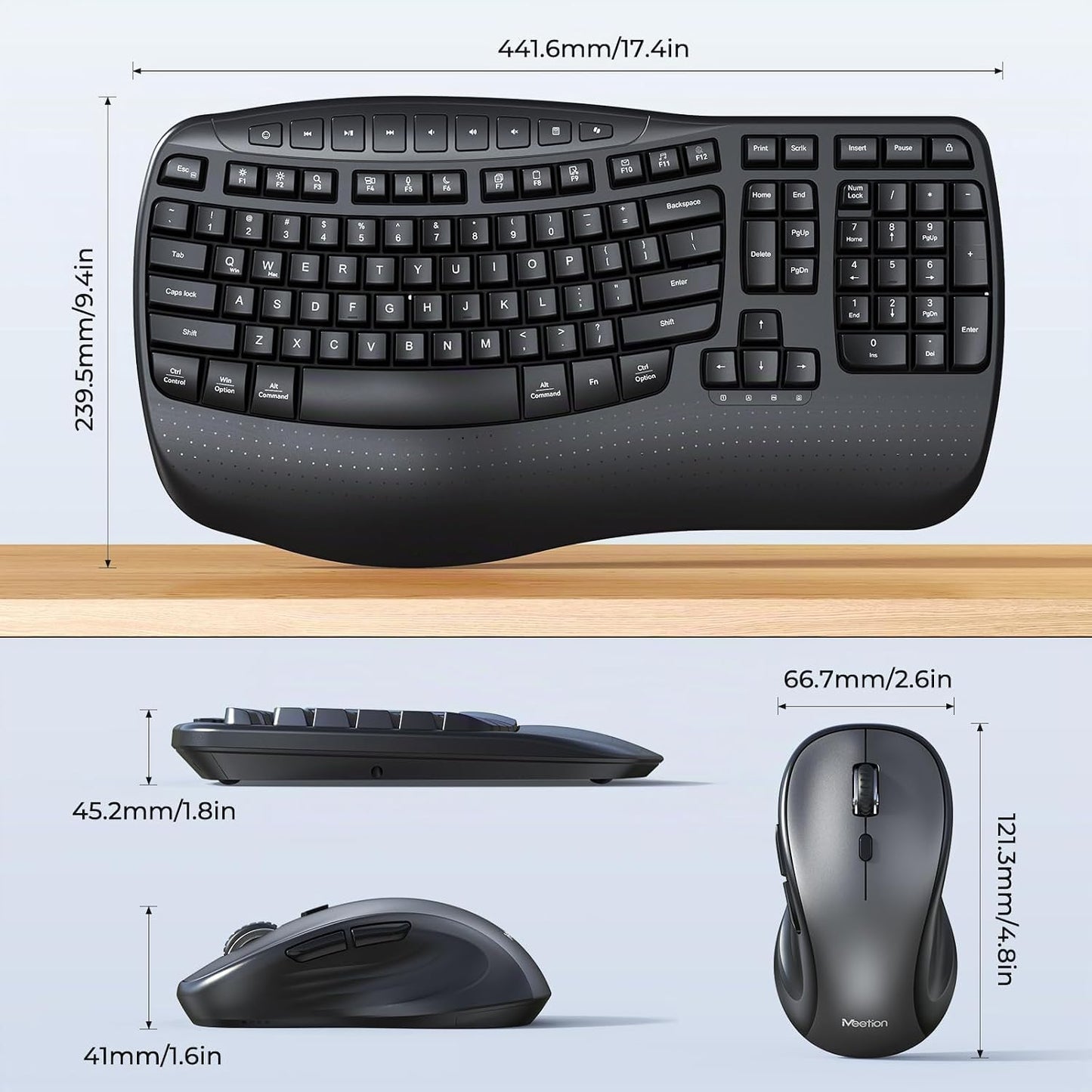MEETION Combo ergonómico de teclado y mouse inalámbricos con teclas...