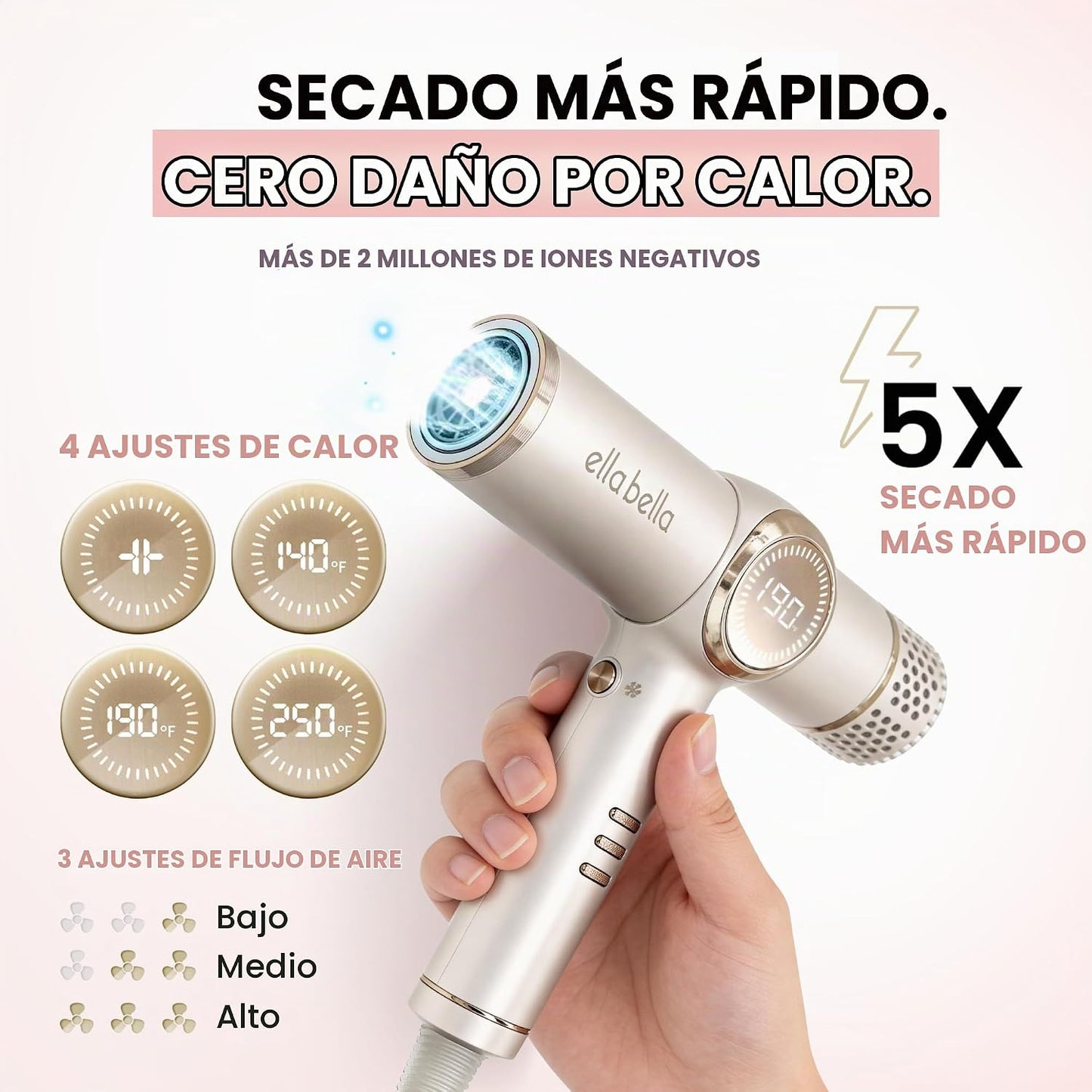 ELLA BELLA® - Secador de pelo iónico profesional con difusor \u2022...