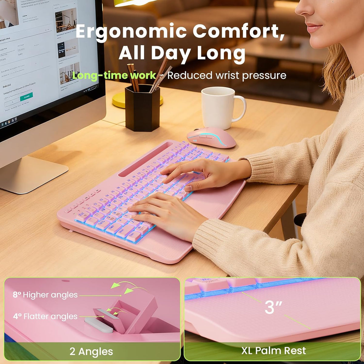 Combo inalámbrico de teclado y ratón rosa, conjunto de teclado y ra...